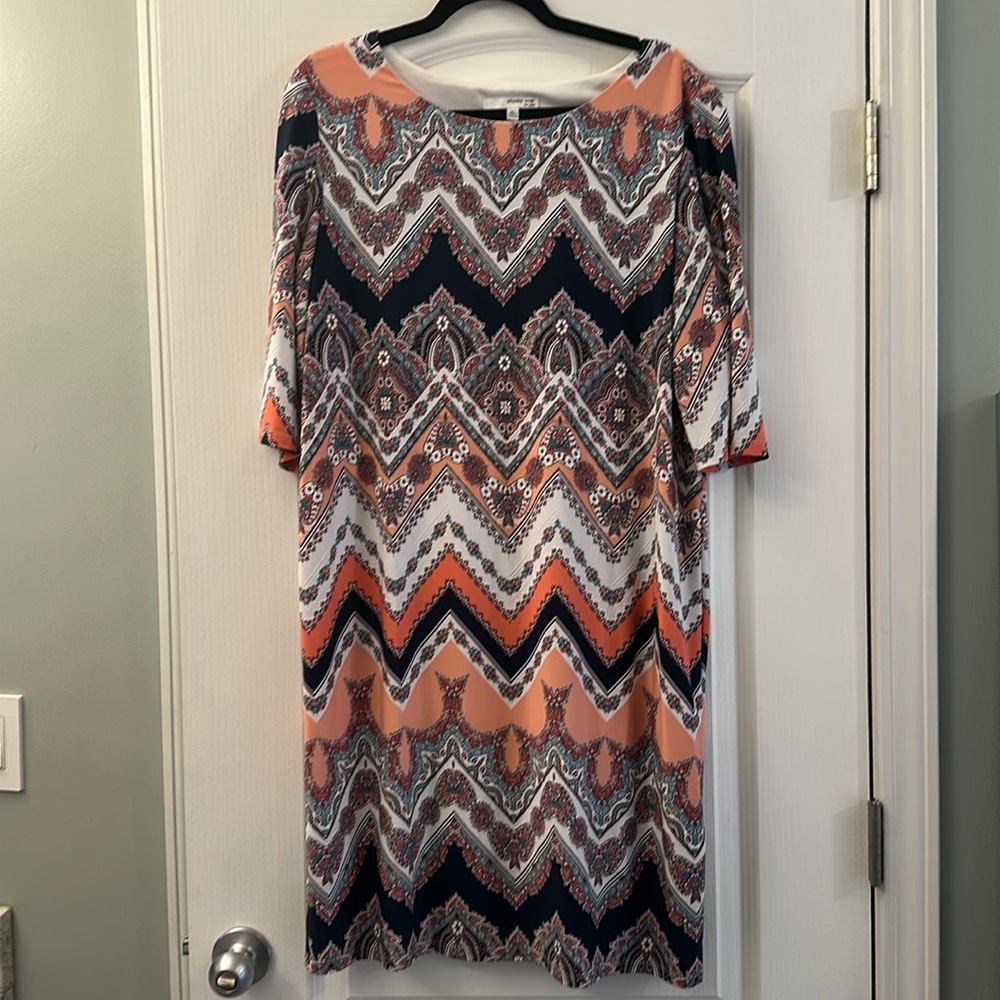 Studio One New York Navy Coral White Women's Size XL Lined Midi Dress